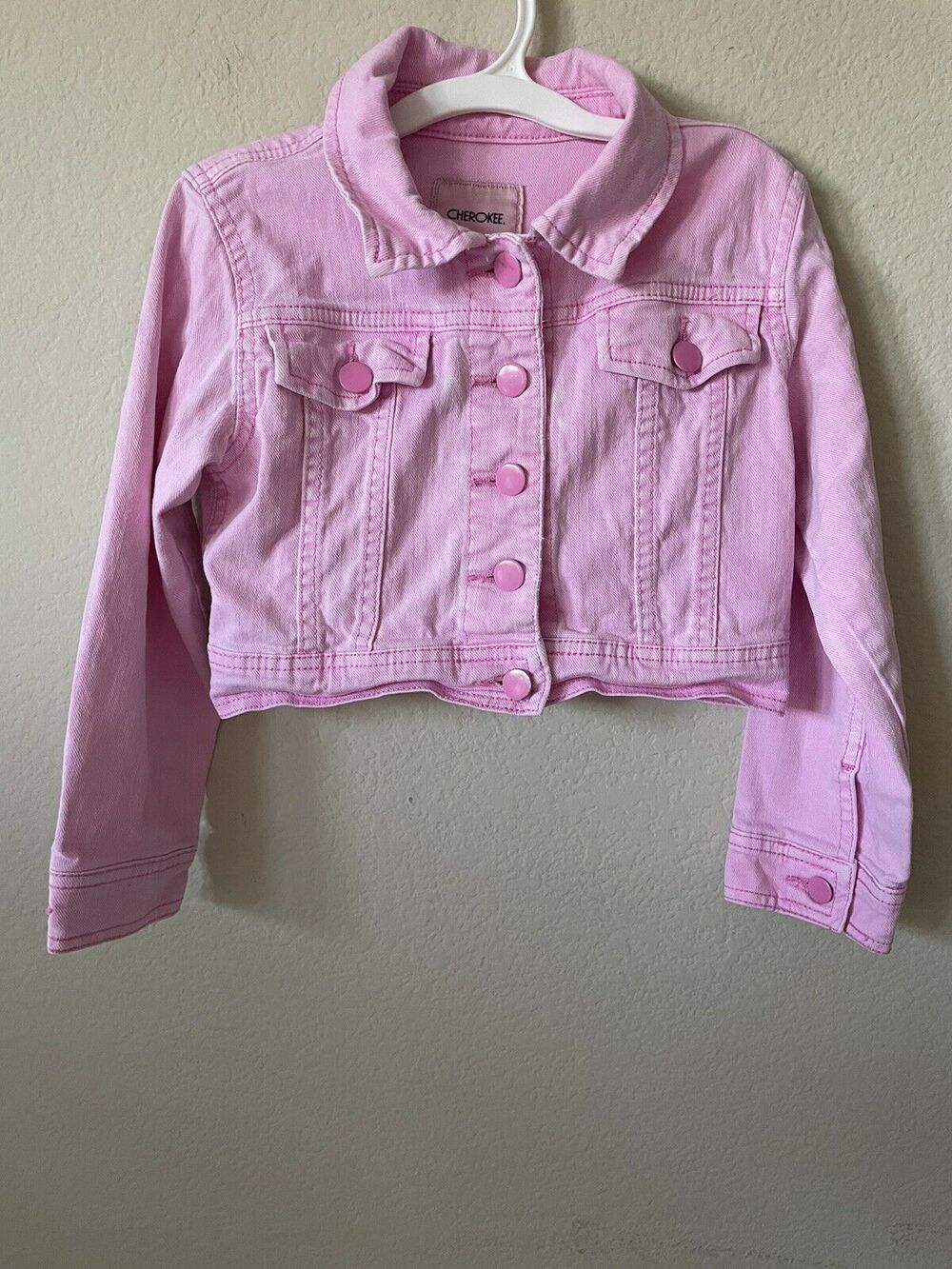 Cherokee Pink Collared Button Up Cropped Girls’ Denim Jacket Size XS 4/5